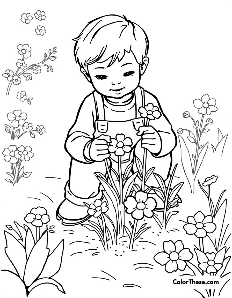 Free printable spring gardening coloring page for kids and adults - A a child planting flowers in a spring garden.