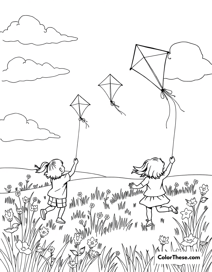 Free printable spring kite flying coloring page for kids and adults - A children flying kites in a spring field.