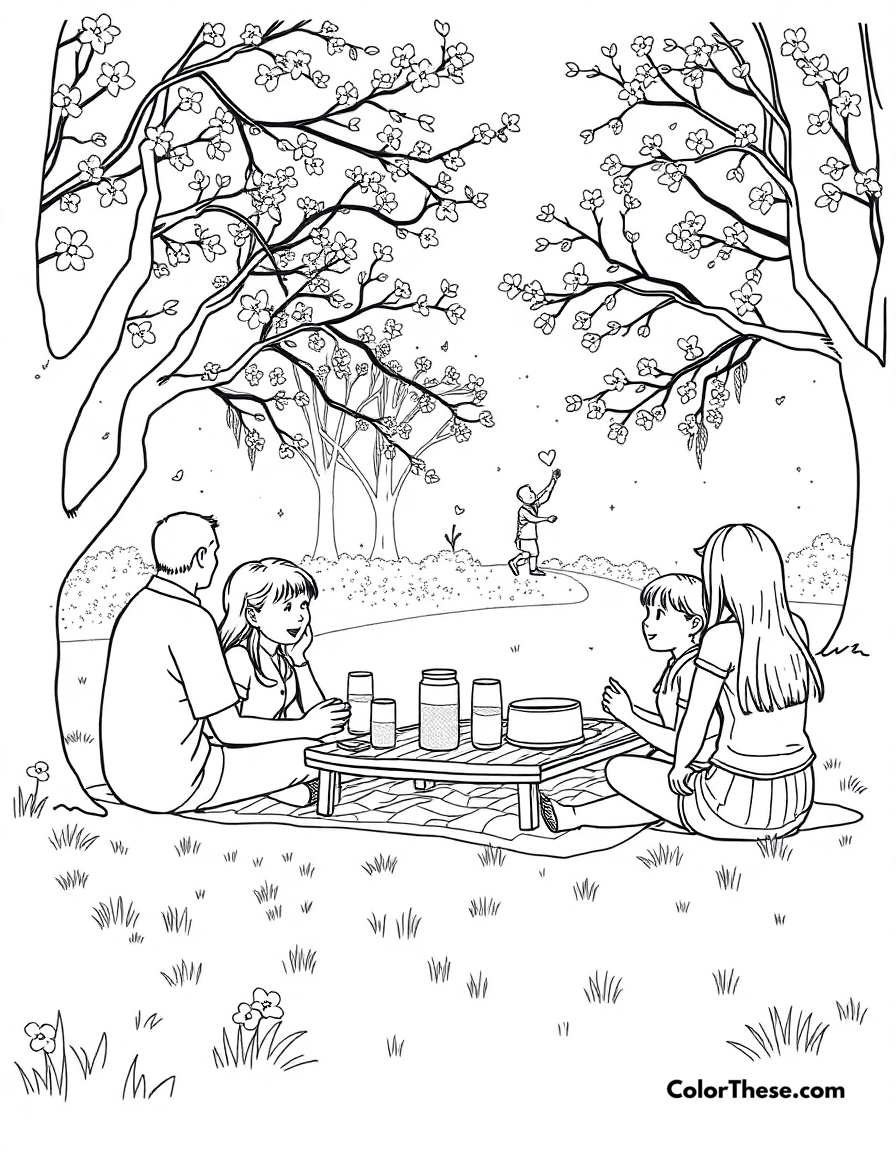 Free printable spring picnic in the park coloring page for kids and adults - A a family enjoying a picnic in the park during spring.