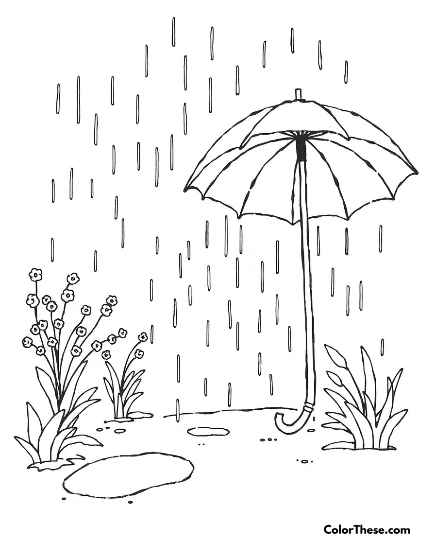 Free printable spring rain showers coloring page for kids and adults - A a scene of spring rain with umbrellas and puddles.