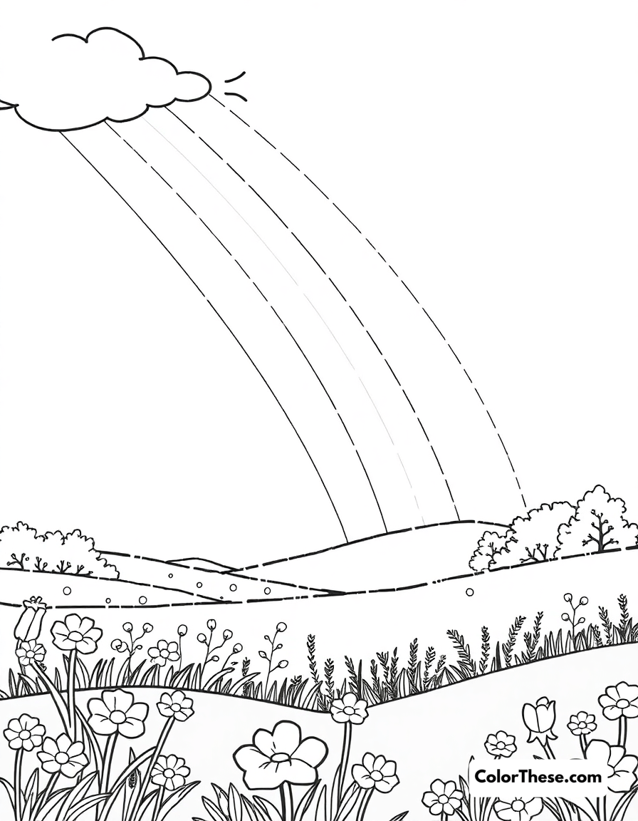 Free printable spring rainbow coloring page for kids and adults - A a rainbow over a spring landscape.