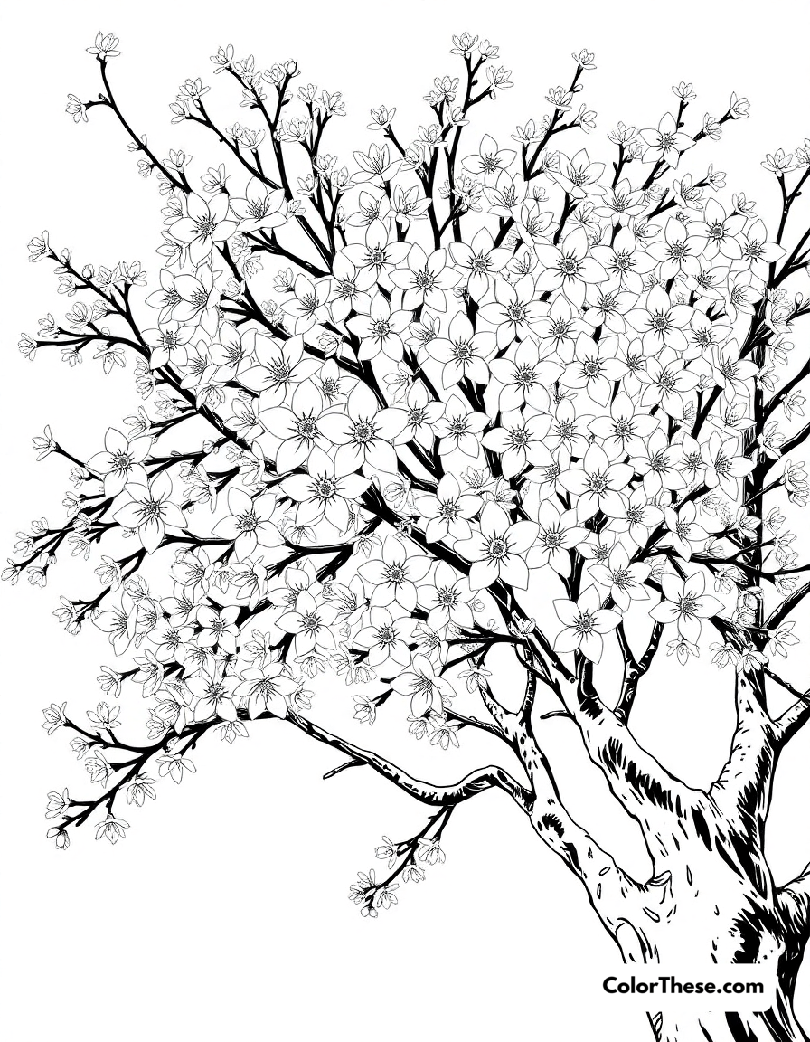 Free printable spring tree blossoms coloring page for kids and adults - A a tree full of blossoms in spring.