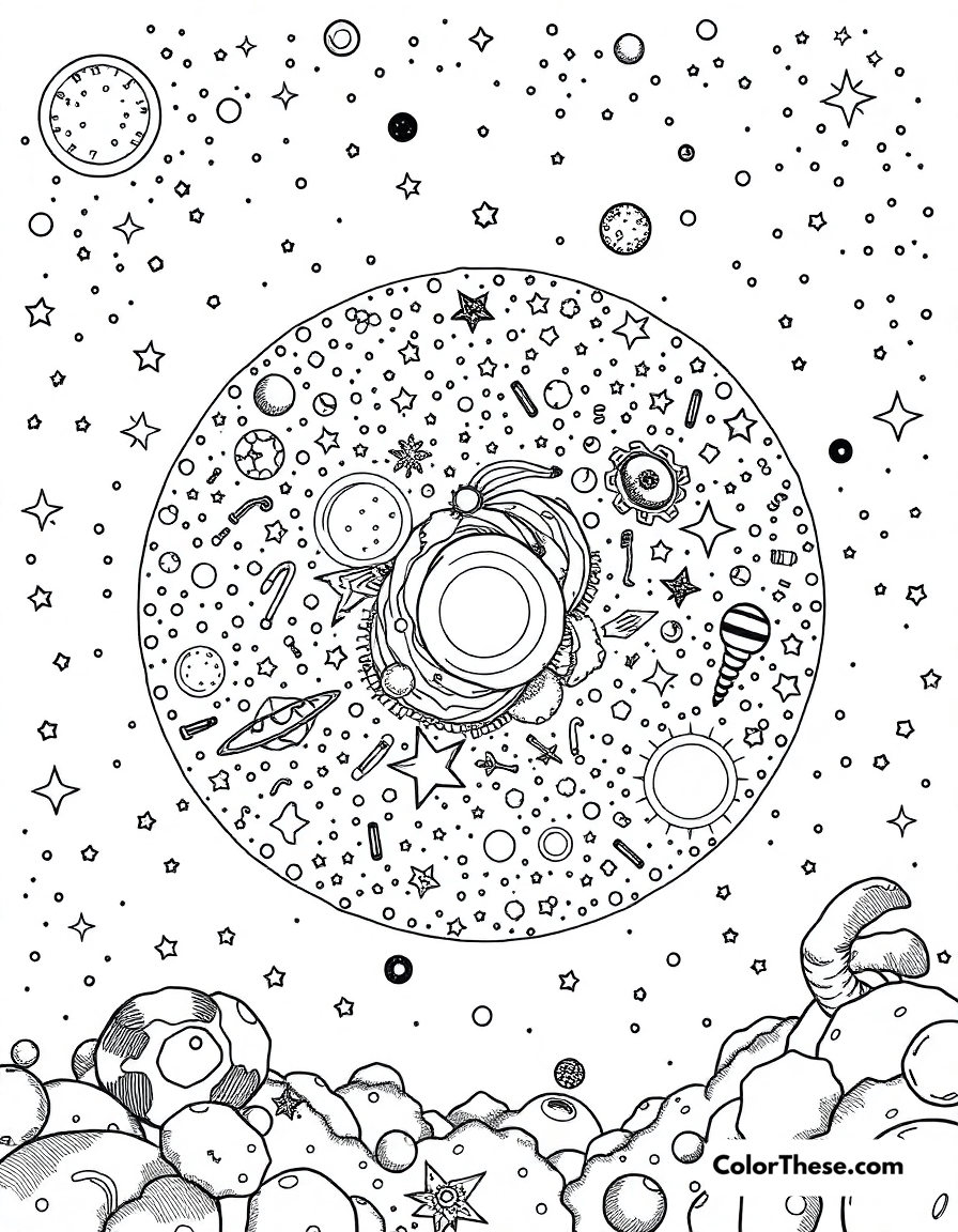 Free printable galaxy of stars coloring page for kids and adults - A a galaxy filled with countless stars and cosmic elements.