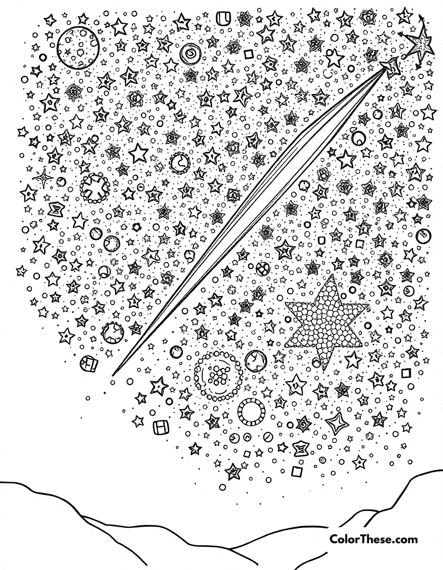 Free printable star and comet coloring page for kids and adults - A a starry sky with a comet streaking by.