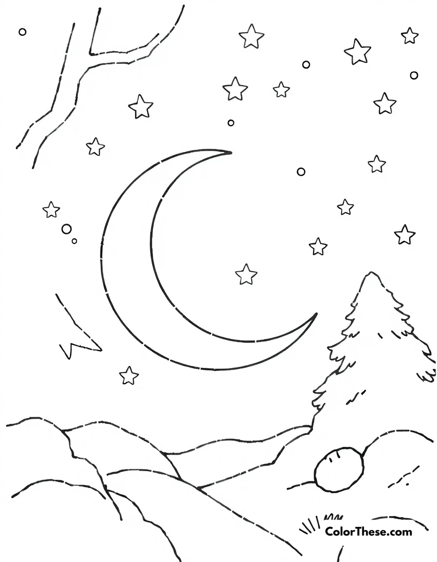 Free printable star and moon night coloring page for kids and adults - A a peaceful night scene with stars and a crescent moon.