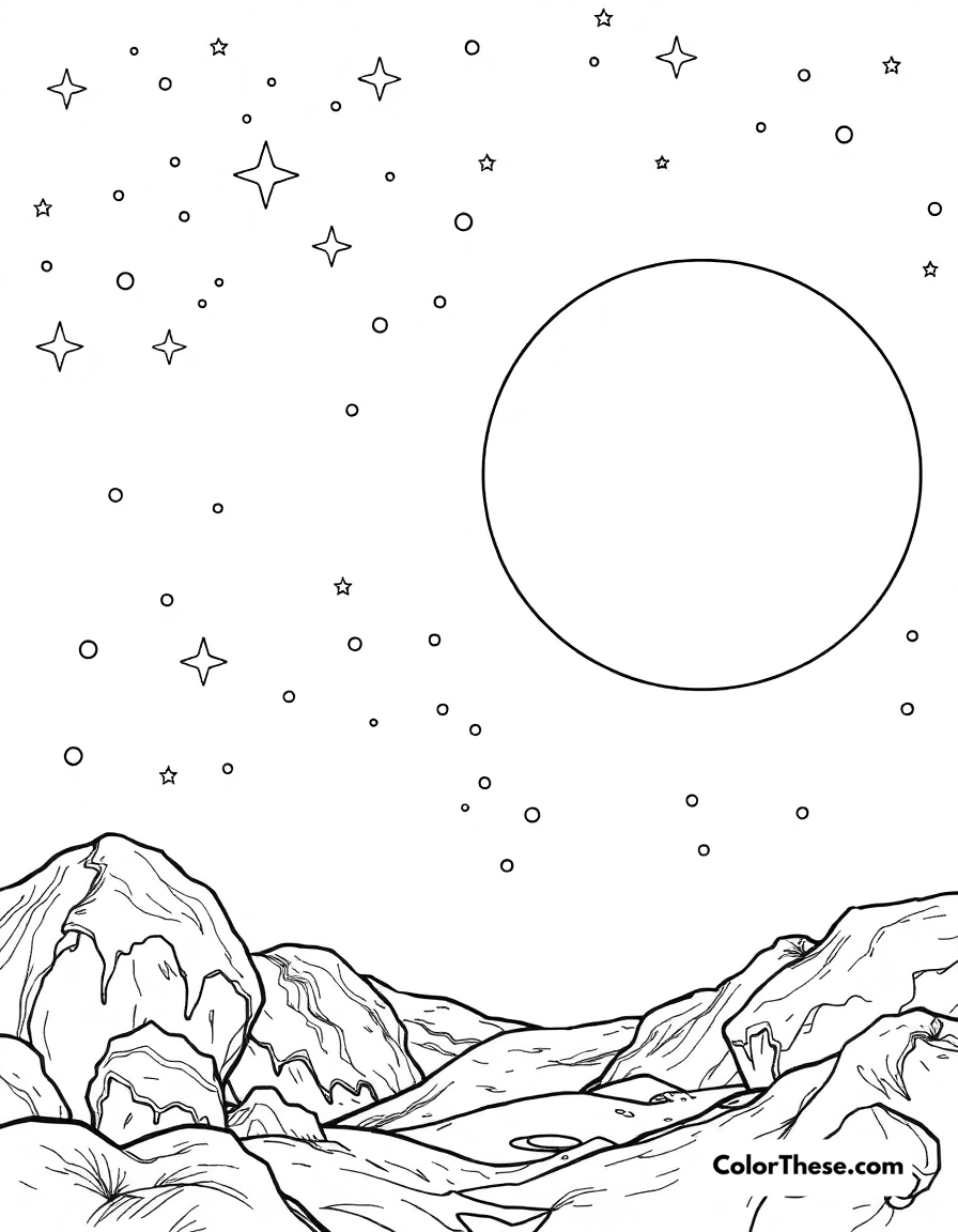 Free printable star and planet scene coloring page for kids and adults - A a scene with stars and a distant planet in the cosmos.