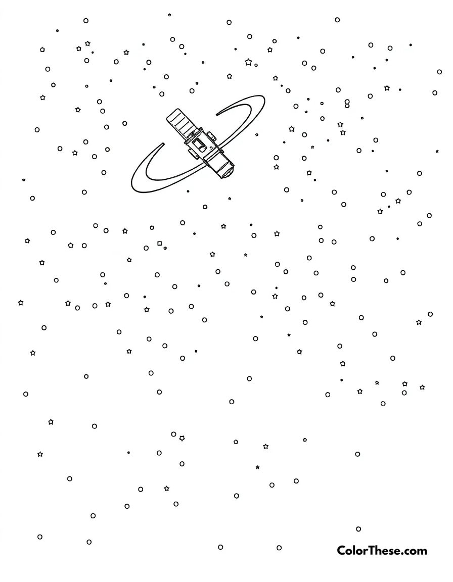 Free printable star and satellite coloring page for kids and adults - A a starry sky with a satellite orbiting above.