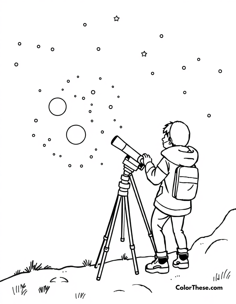 Free printable star and telescope coloring page for kids and adults - A a stargazer using a telescope to explore the night sky.