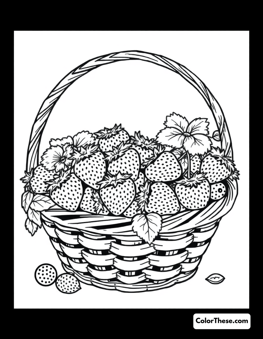 Free printable strawberry basket coloring page for kids and adults - A a basket filled with freshly picked strawberries.