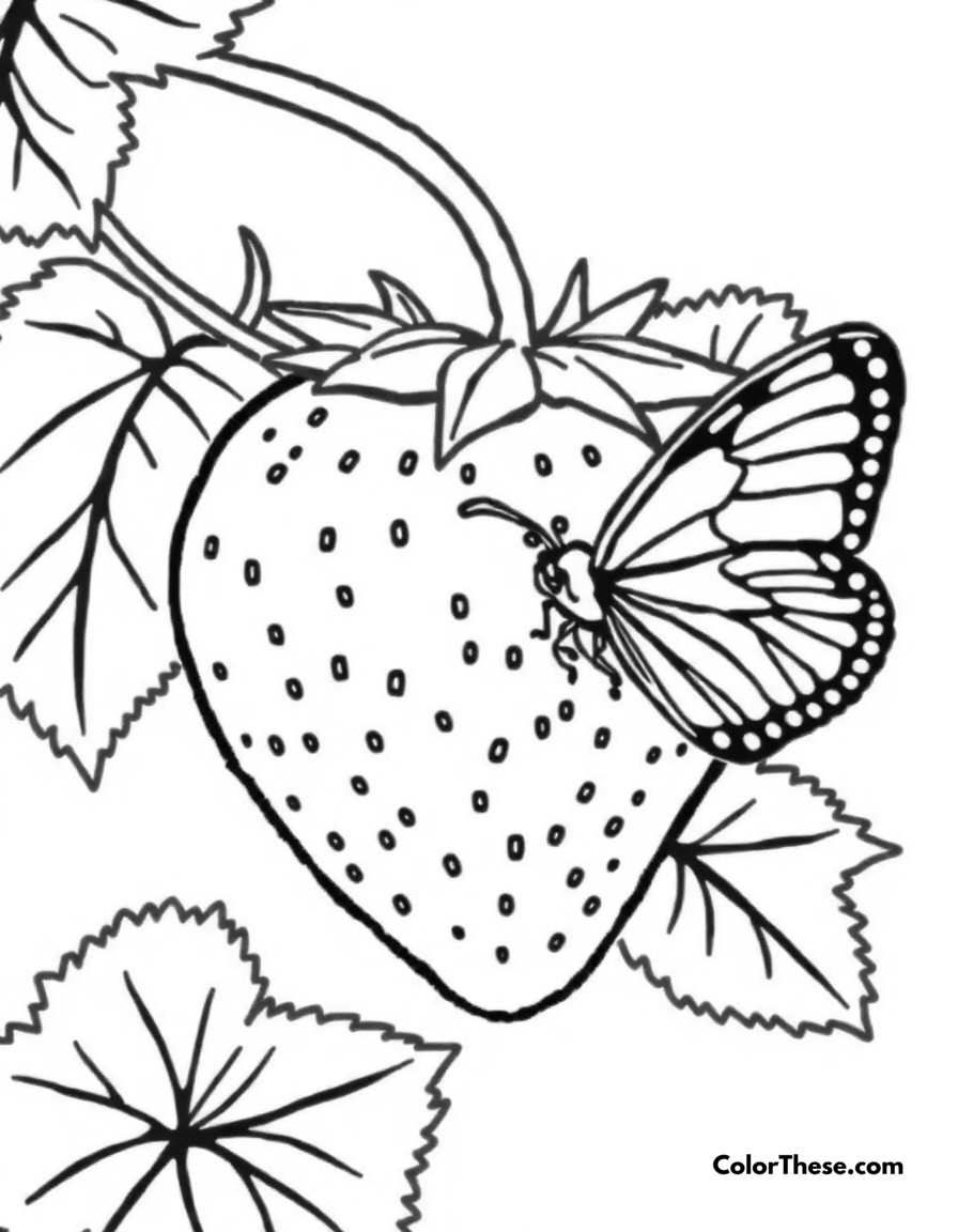 Free printable strawberry and butterfly coloring page for kids and adults - A a strawberry with a butterfly resting nearby.