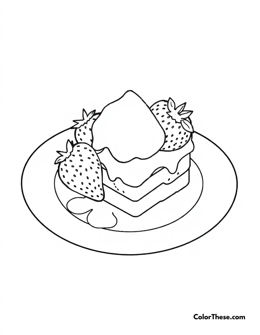 Free printable strawberry dessert coloring page for kids and adults - A a delicious strawberry dessert on a plate.