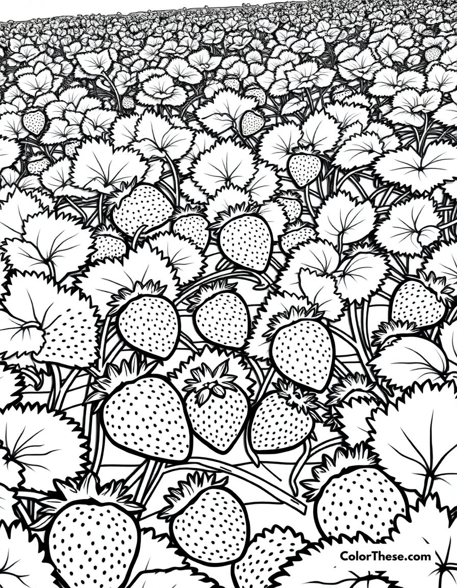 Free printable strawberry field coloring page for kids and adults - A a field full of ripe strawberries ready for picking.