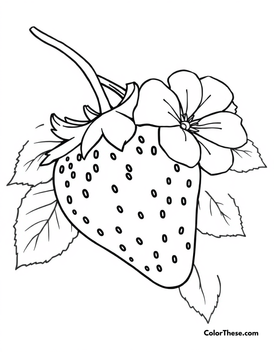 Free printable strawberry and flower coloring page for kids and adults - A a strawberry with a blooming flower nearby.