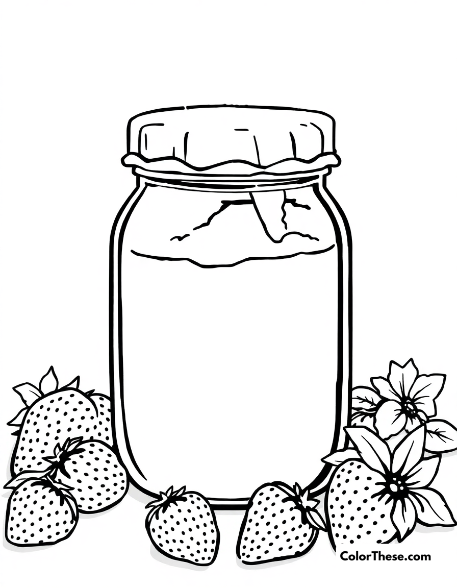 Free printable strawberry jam jar coloring page for kids and adults - A a jar of homemade strawberry jam.