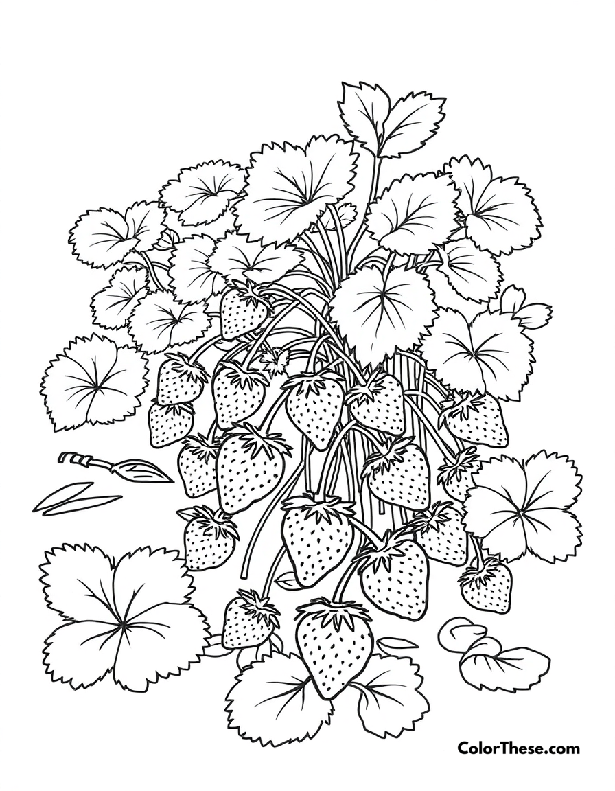 Free printable strawberry patch coloring page for kids and adults - A a patch of strawberries growing in a garden.