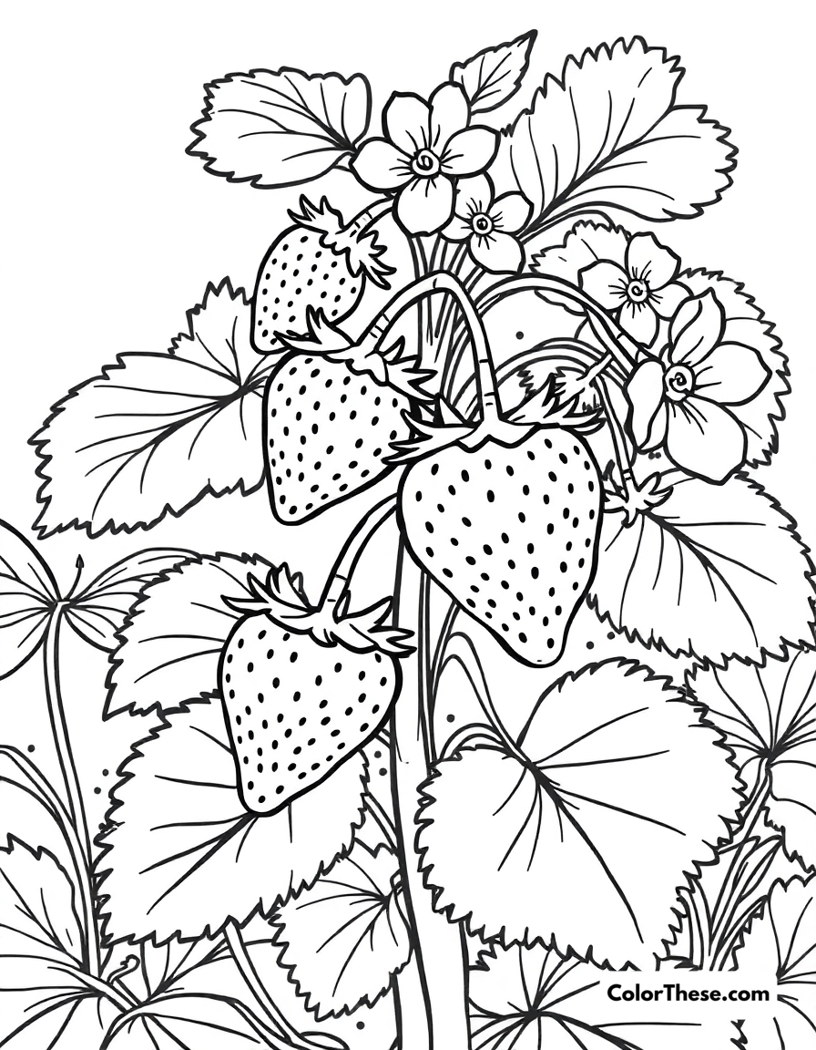 Free printable strawberry plant coloring page for kids and adults - A a strawberry plant with ripe fruit and flowers.