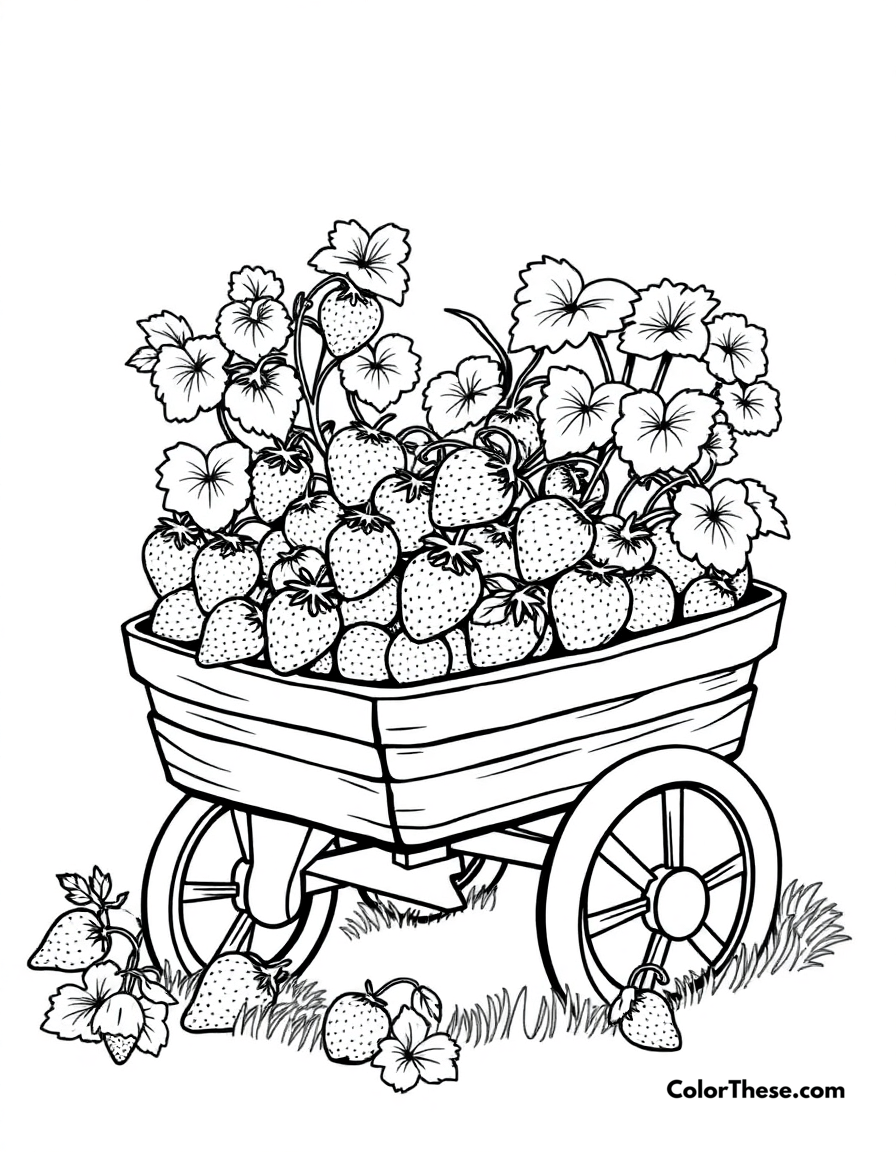 Free printable strawberry wagon coloring page for kids and adults - A a wagon filled with freshly picked strawberries.