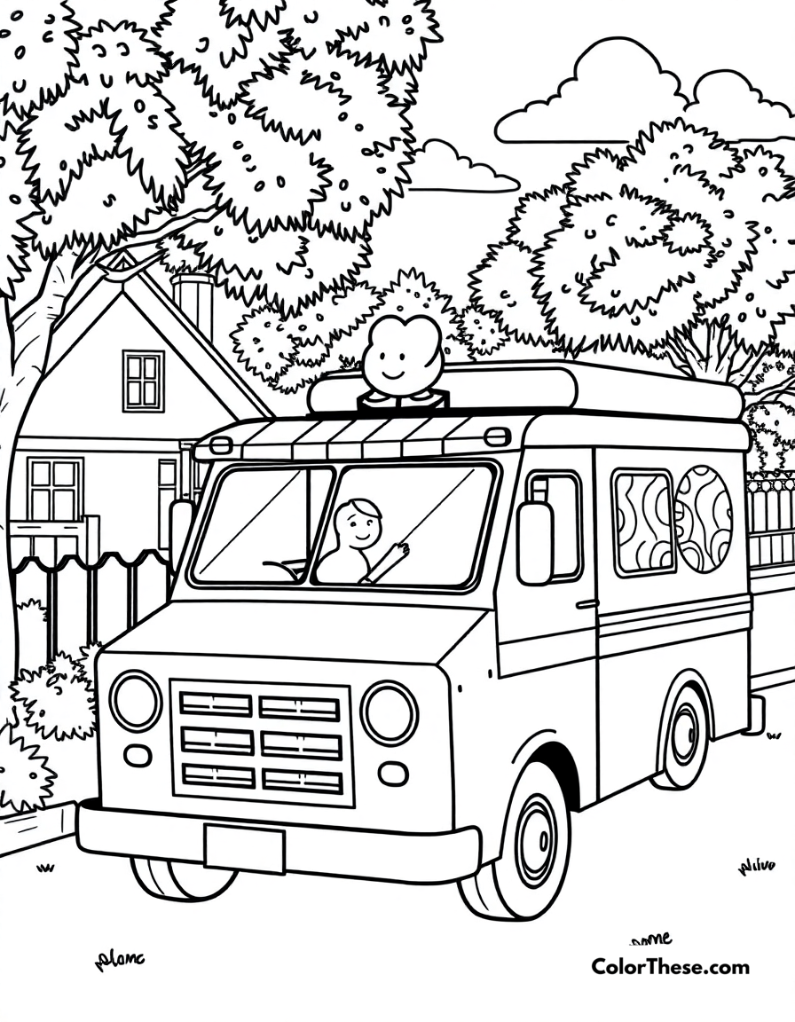 Free printable ice cream truck coloring page for kids and adults - A an ice cream truck parked in a summer neighborhood.