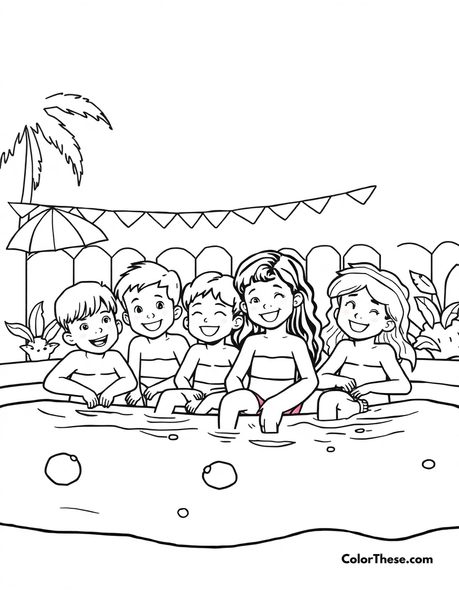 Free printable pool party coloring page for kids and adults - A kids enjoying a pool party on a summer day.