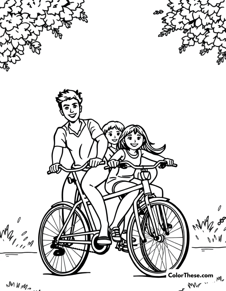 Free printable summer bike ride coloring page for kids and adults - A a family enjoying a bike ride on a summer day.