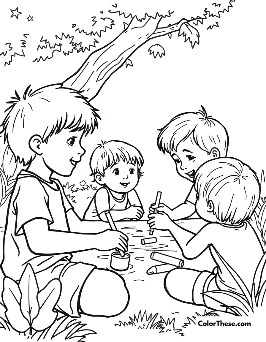 Free printable summer camp coloring page for kids and adults - A kids enjoying activities at a summer camp.