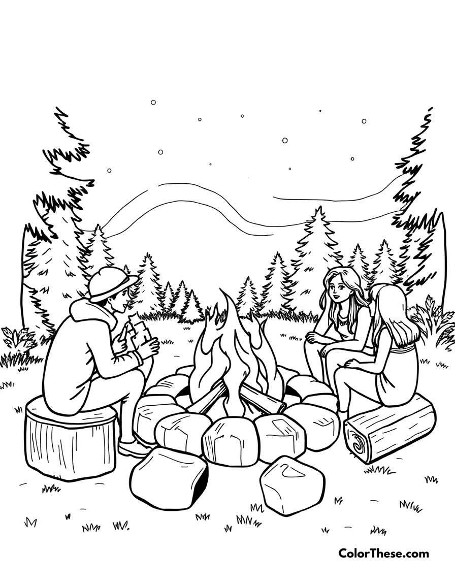 Free printable summer campfire coloring page for kids and adults - A a cozy campfire with friends on a summer night.