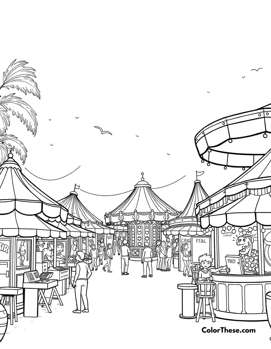 Free printable summer carnival coloring page for kids and adults - A a lively summer carnival with rides and games.