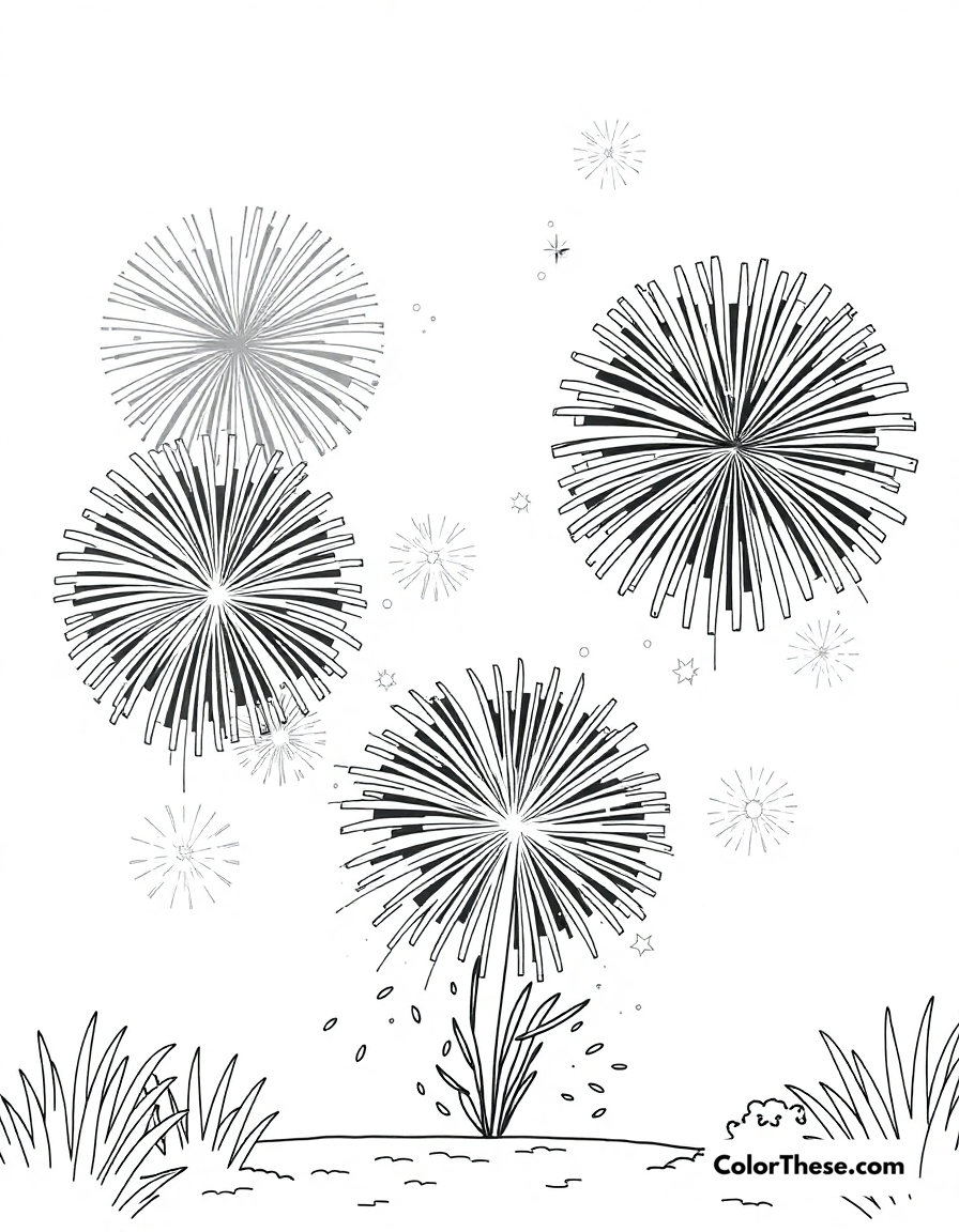 Free printable summer fireworks coloring page for kids and adults - A a fireworks display lighting up the summer night.