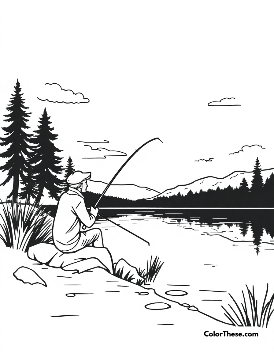 Free printable summer fishing coloring page for kids and adults - A a relaxing day of fishing by the lake.