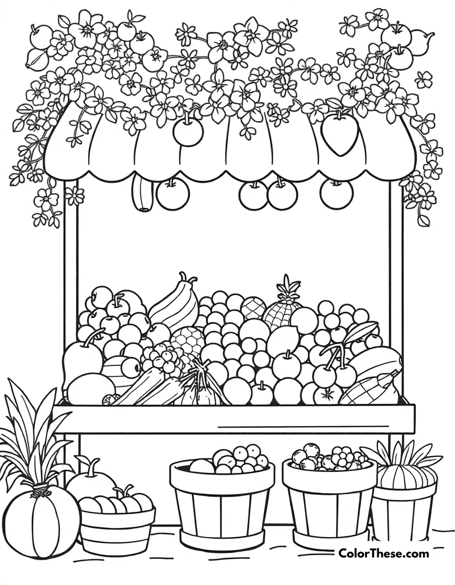 Free printable summer fruit stand coloring page for kids and adults - A a fruit stand filled with fresh summer produce.