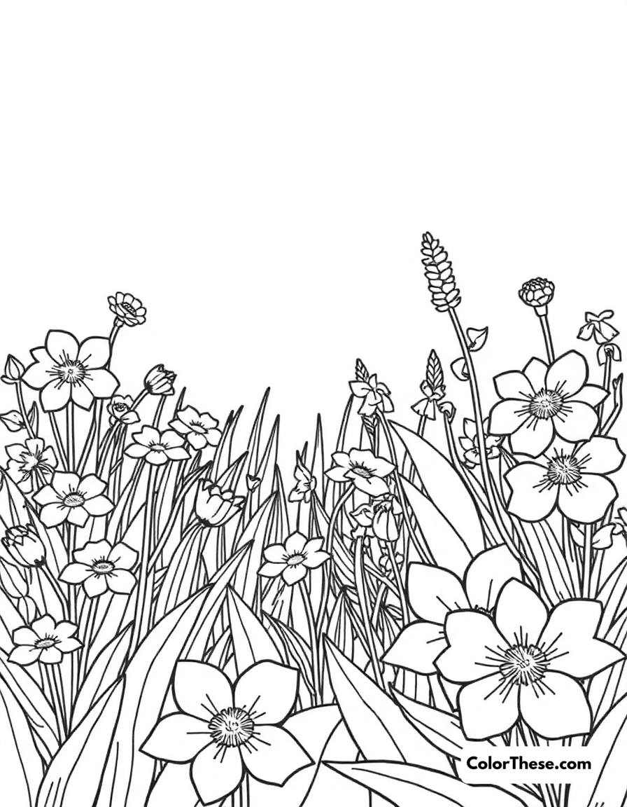 Free printable summer garden coloring page for kids and adults - A a blooming garden in the summer.