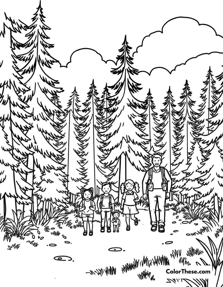 Free printable summer hiking coloring page for kids and adults - A a family hiking through a summer forest.