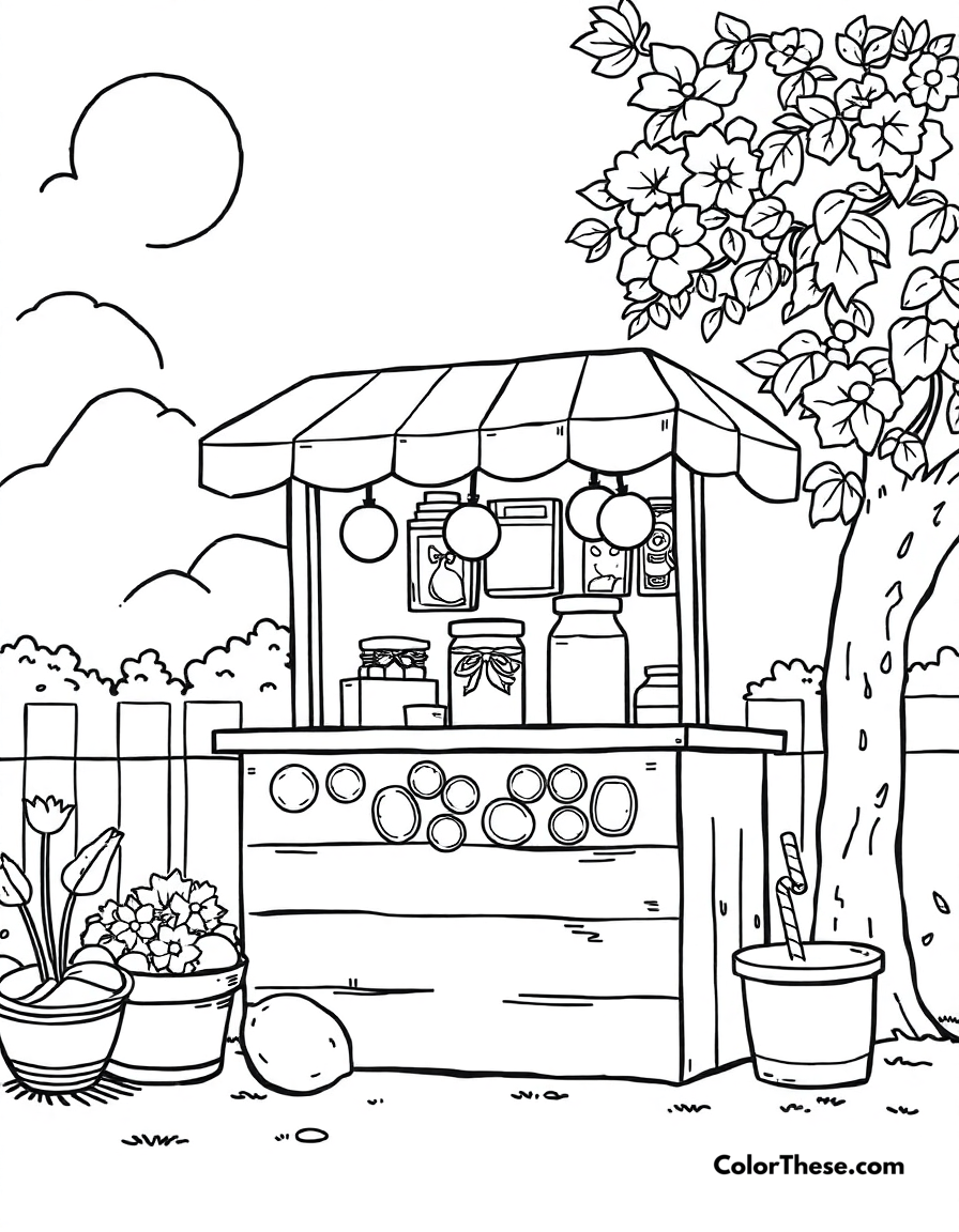 Free printable summer lemonade stand coloring page for kids and adults - A a lemonade stand on a sunny summer day.