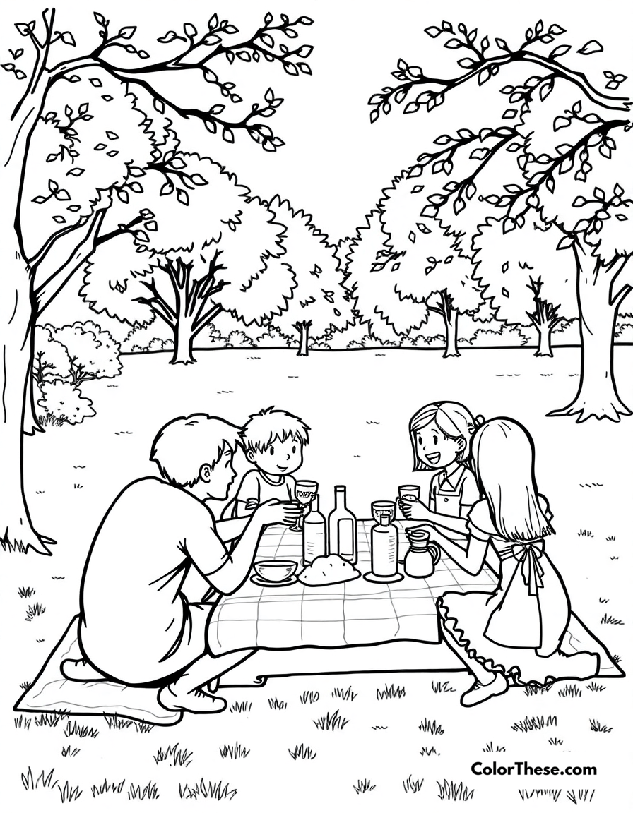 Free printable summer picnic coloring page for kids and adults - A a family enjoying a picnic in the park.