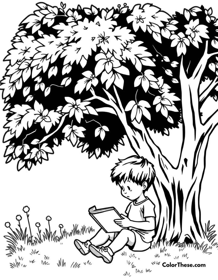 Free printable summer reading coloring page for kids and adults - A a child reading a book under a tree in the summer.