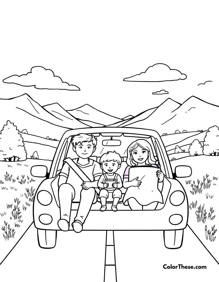 Free printable summer road trip coloring page for kids and adults - A a family on a road trip through scenic summer landscapes.