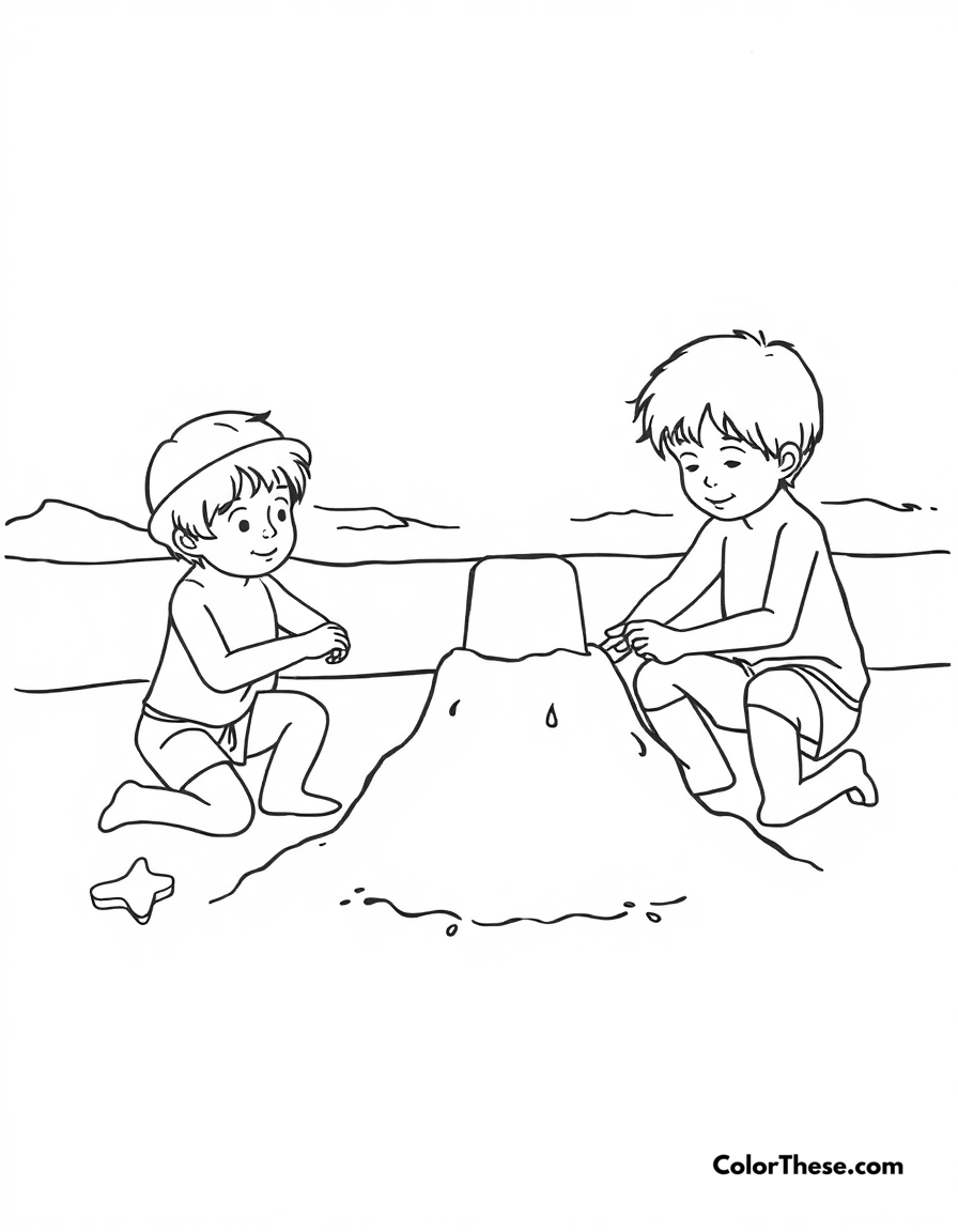 Free printable summer sandcastle coloring page for kids and adults - A kids building a sandcastle on the beach.