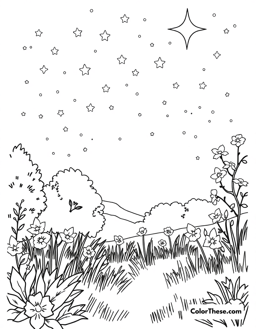 Free printable summer starry night coloring page for kids and adults - A a peaceful summer night under the stars.