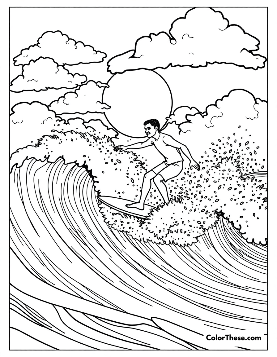 Free printable summer surfing coloring page for kids and adults - A a surfer riding the waves on a summer day.