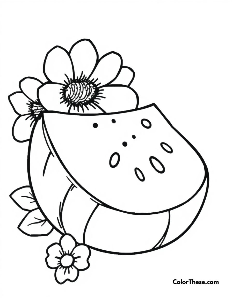 Free printable summer watermelon slice coloring page for kids and adults - A a refreshing slice of watermelon on a summer day.