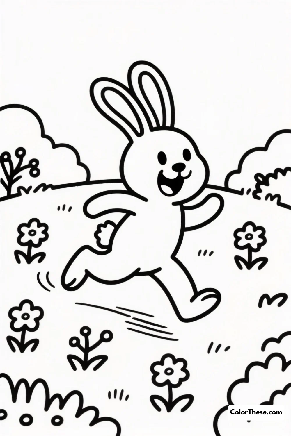 Free printable bunny hopping through the garden coloring page for kids and adults. Join Bunny on a joyful hopping adventure through a colorful garden filled with flowers and fun! Discover creative coloring tips and ways to personalize this delightful scene.