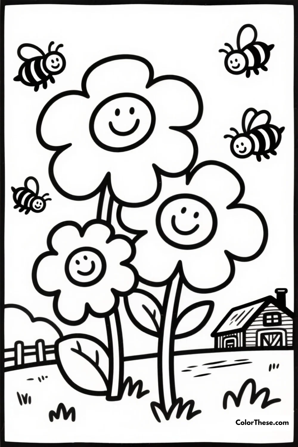 Free printable busy bees near the farm flowers coloring page for kids and adults. Join the busy bees near the farm flowers in this vibrant coloring page, where you can bring the scene to life with your favorite colors and creative touches!