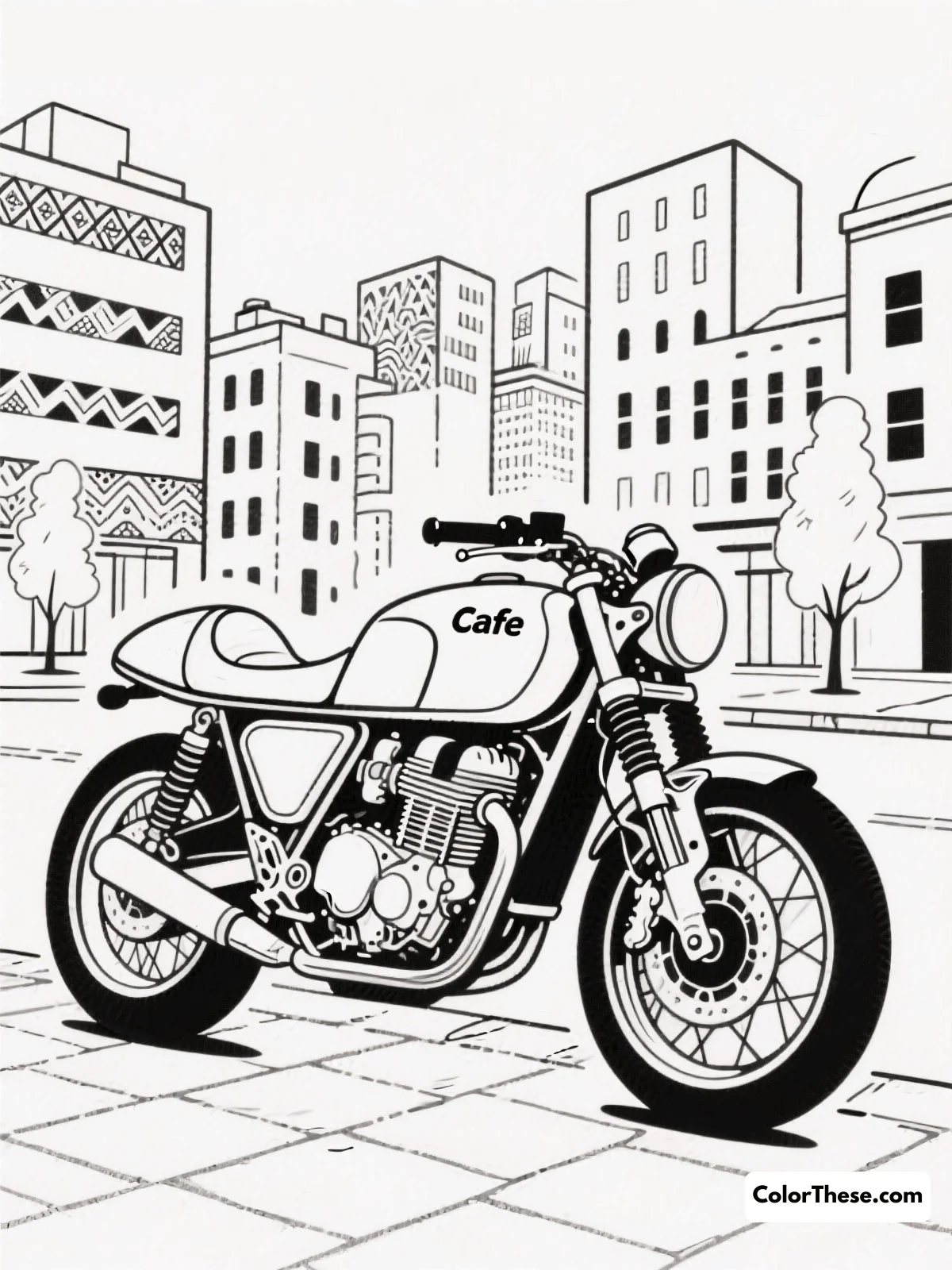 Free printable cafe racer in the city coloring page for kids and adults. Experience the thrill of a cafe racer speeding through a bustling city with this dynamic coloring page, perfect for all ages and skill levels.