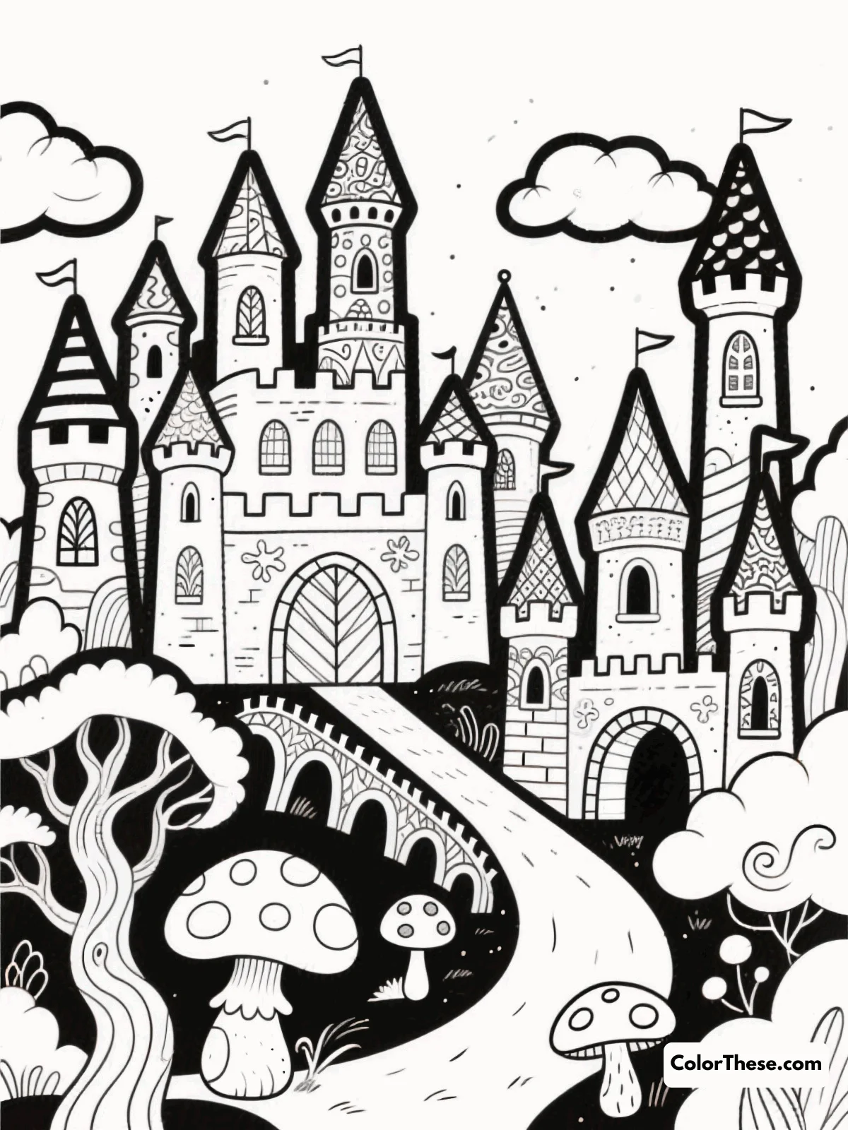 Free printable colorful castles of wonderland coloring page for kids and adults. Explore the whimsical 'Colorful Castles of Wonderland' coloring page, where imagination meets art. Perfect for all ages, this scene invites creativity with its blend of simple and intricate designs.