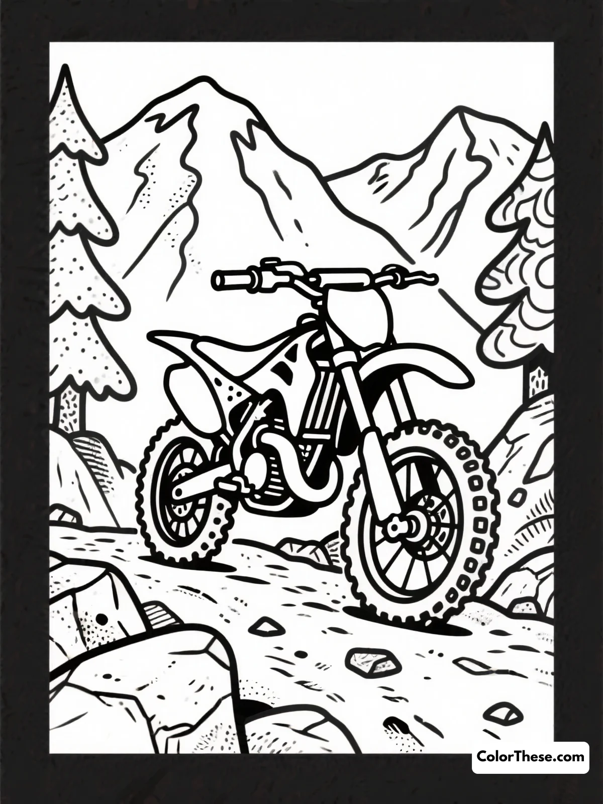 Free printable dirt bike on a mountain trail coloring page for kids and adults. Experience the thrill of adventure with our 'Dirt Bike on a Mountain Trail' coloring page, perfect for unleashing creativity with dynamic scenes and intricate details.