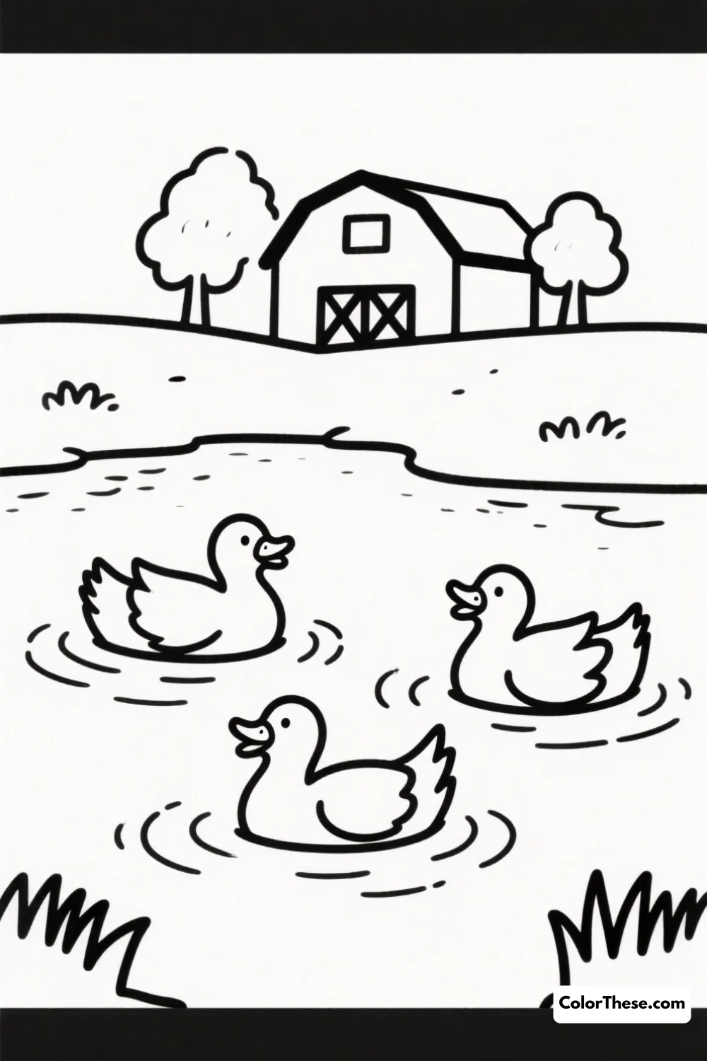 Free printable ducks swimming in the farm pond coloring page for kids and adults. Join a family of ducks as they splash and play in a peaceful farm pond on this delightful coloring page, perfect for creative kids!