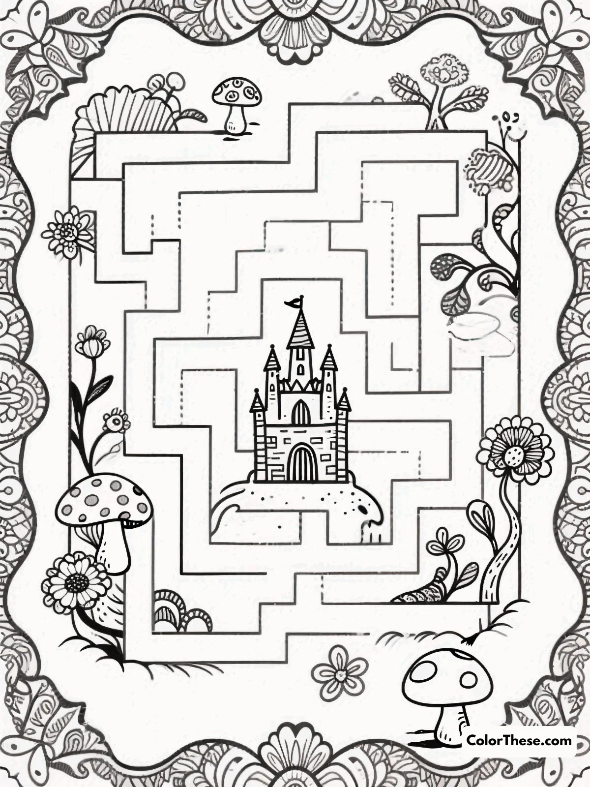 Free printable intricate wonderland maze coloring page for kids and adults. Explore the 'Intricate Wonderland Maze' where every twist and turn invites creativity and imagination, perfect for all ages.