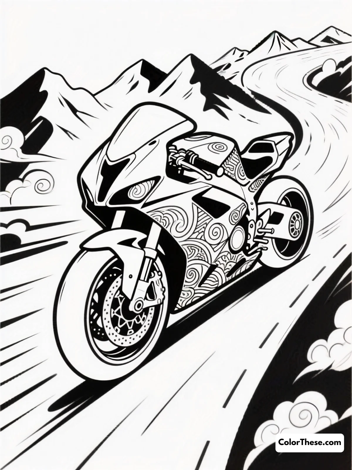 Free printable sportbike in action coloring page for kids and adults. Experience the thrill of speed with our 'Sportbike in Action' coloring page, featuring dynamic lines and intricate details perfect for colorists of all skill levels.