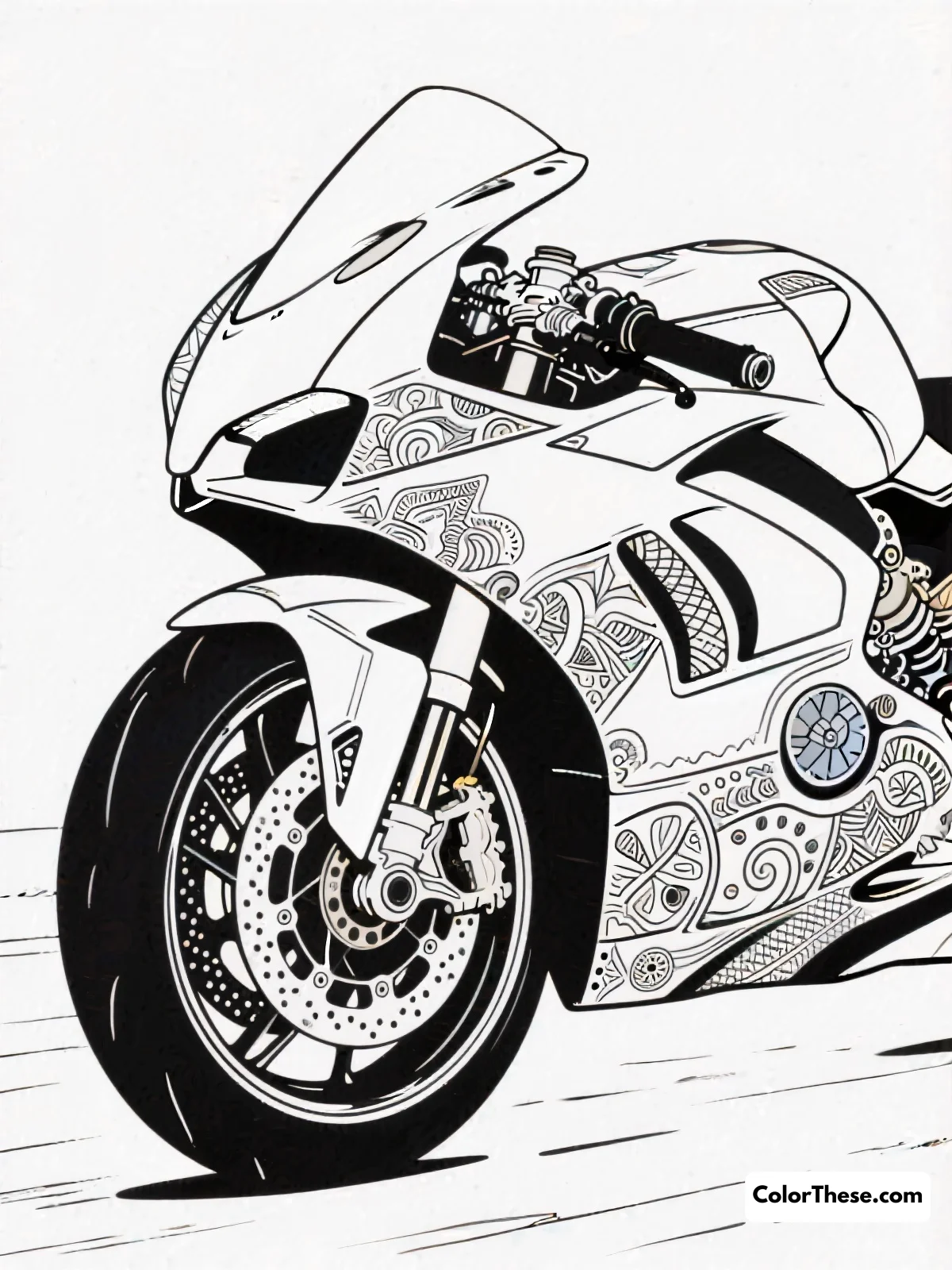 Free printable superbike with intricate details coloring page for kids and adults. Dive into the world of speed with our 'Superbike with Intricate Details' coloring page, perfect for colorists of all levels to unleash their creativity and enjoy the thrill of coloring.