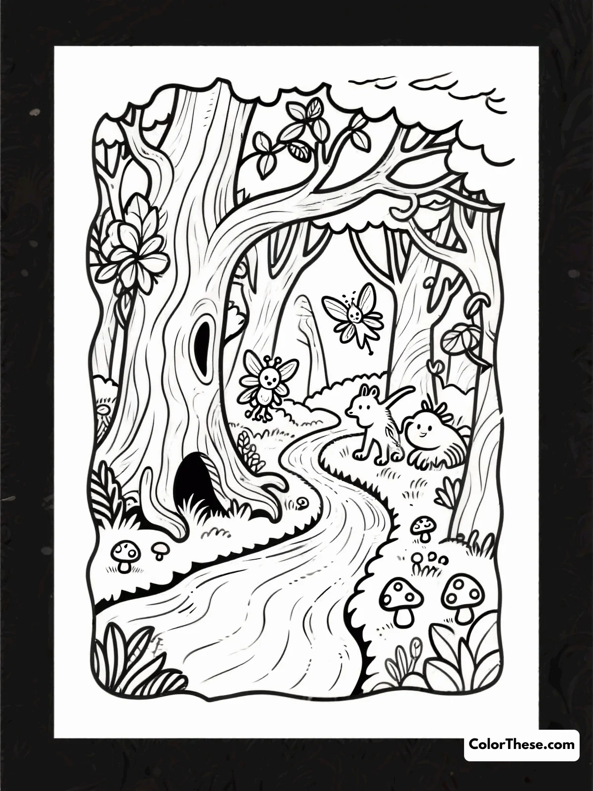 Free printable wonderland's magical forest coloring page for kids and adults. Explore the enchanting Wonderland's Magical Forest coloring page, perfect for all ages with its blend of whimsical and intricate designs. Let your creativity bring this magical scene to life!